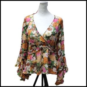 Sheer Bright Floral Belle Sleeve Blouse